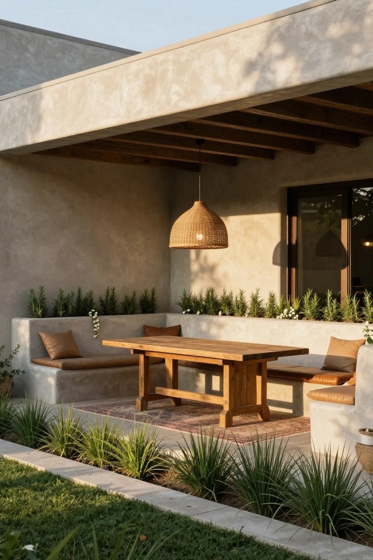 Wooden table with benches and cushions under woven pendant light in concrete patio