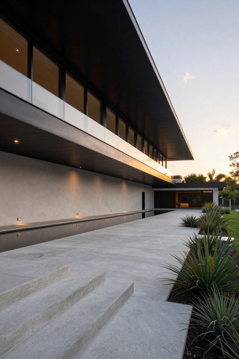 Modern ranch house exterior with a long dark roof overhang, concrete steps and walkway, recessed lighting, and desert plants along the side.