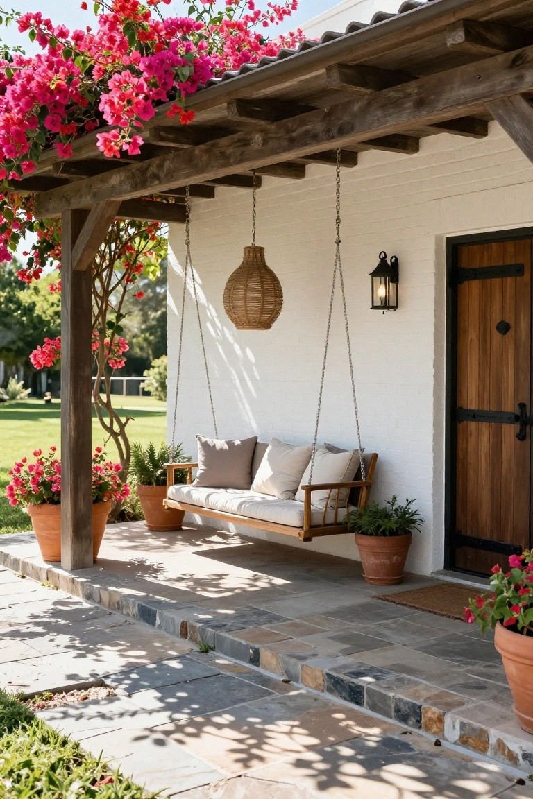 A wooden bench swing hanging by chains from a covered wooden porch structure beside a white brick house wall with potted plants and a wooden door.