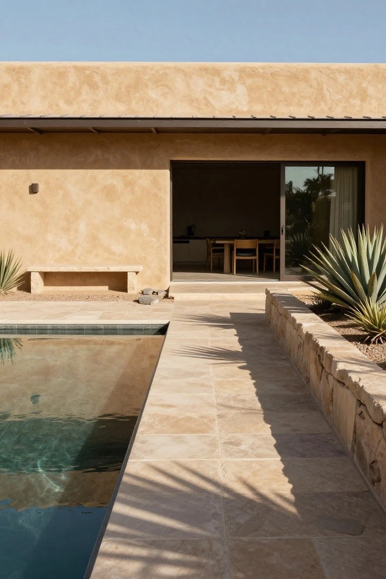 A stucco ranch house with a pool on the left, a wide stone patio path, and large sliding doors open to an interior dining space.