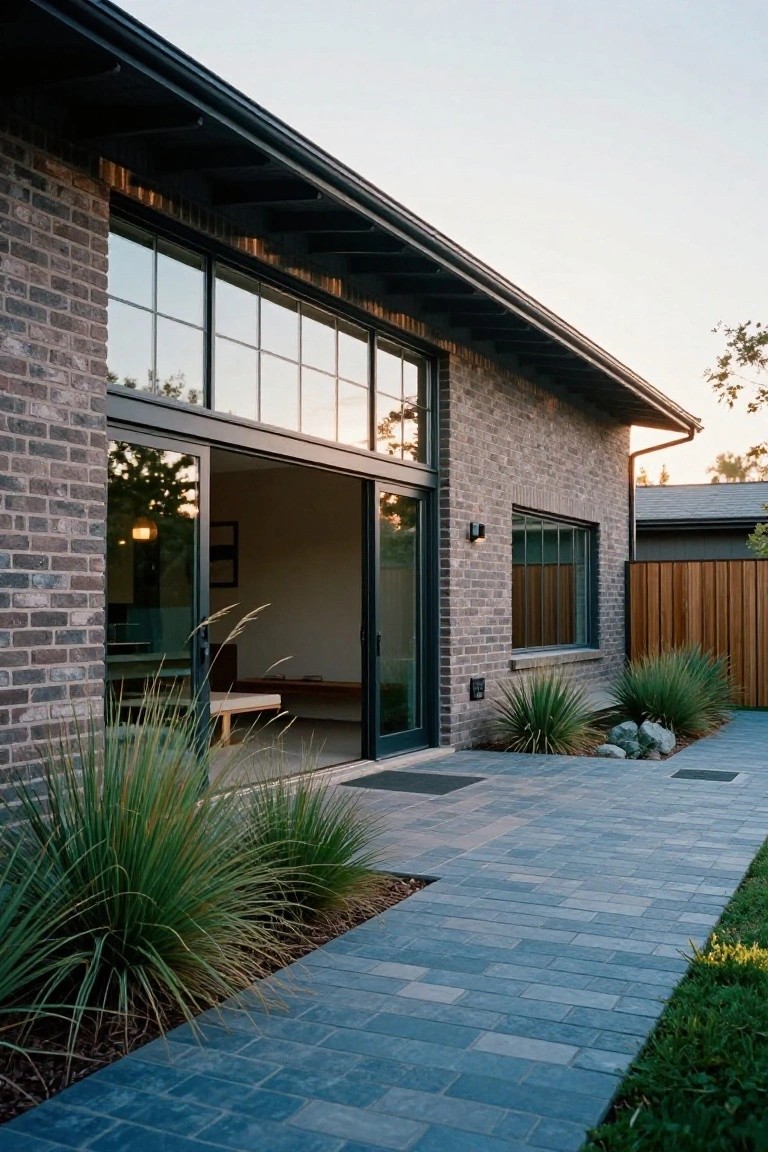 A brick ranch house exterior with large multi-pane windows and open sliding glass doors, a paved walkway, and landscaping along the foundation.