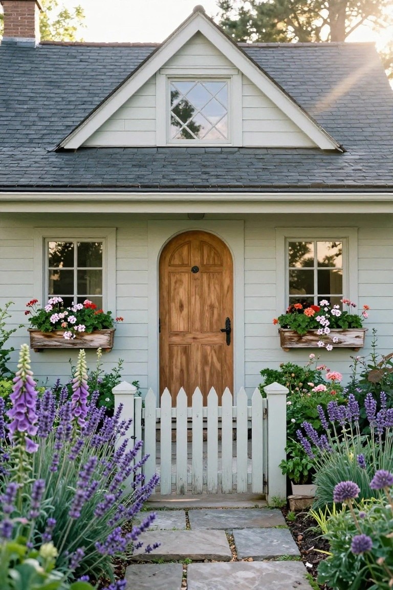 A light-colored ranch house with an arched wooden front door, windows with flower boxes, a white picket fence, and purple flowers along a stone path.