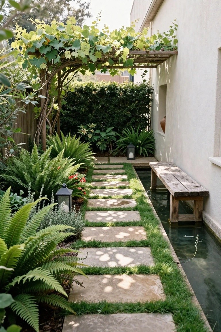 Stepping stone path through lush ferns beside narrow pool with wooden bench and vine pergola.
