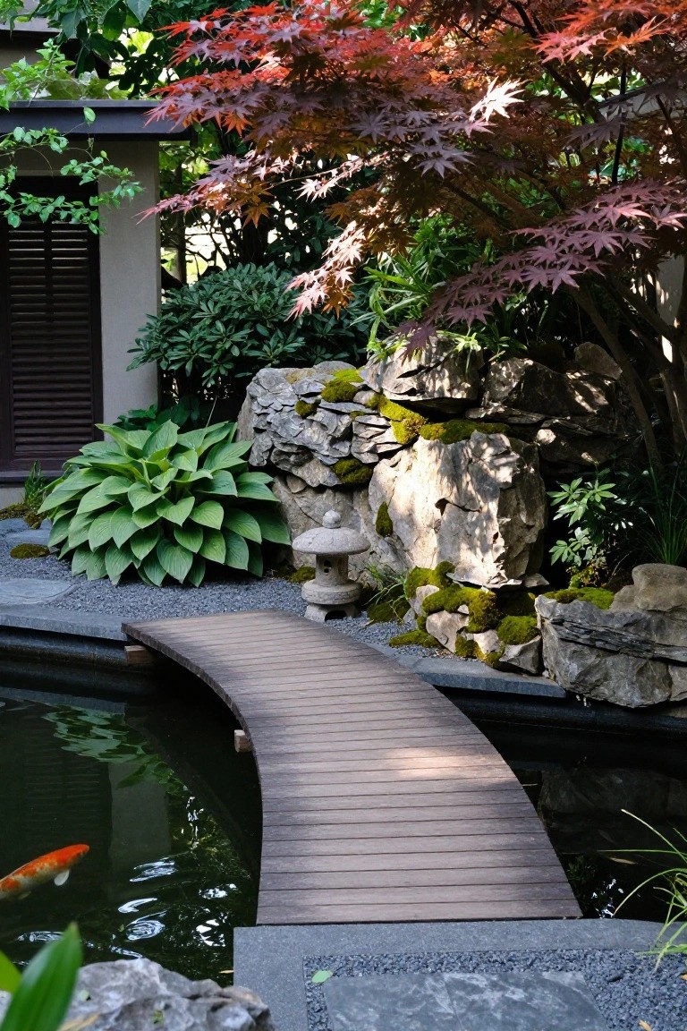 Wooden bridge curves over koi pond amid mossy rocks, red maples, and stone lantern.