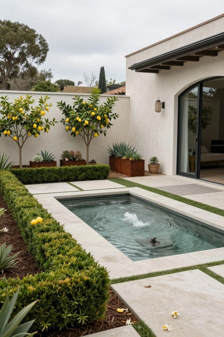 A modern backyard pool area bordered by two lemon trees against a white wall, with rectangular planters holding succulents and low green hedges lining the stone deck.