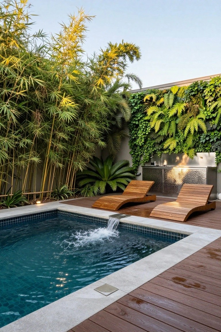 A rectangular swimming pool with a small waterfall feature, flanked by tall bamboo on the left and a lush living wall with an outdoor bar area on the right, plus two wooden lounge chairs on the deck.