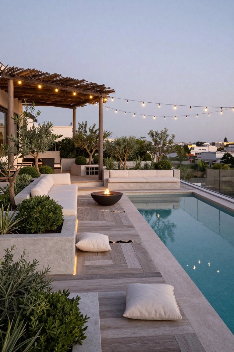 A modern rooftop terrace featuring a long swimming pool, wooden decking, built-in concrete seating and planters with greenery, a central fire pit, and string lights over the area at dusk.