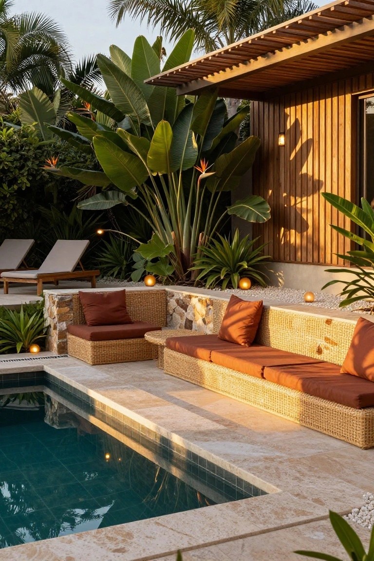 A resort-style pool with built-in woven seating in orange cushions, surrounded by large tropical plants and a wooden building wall.