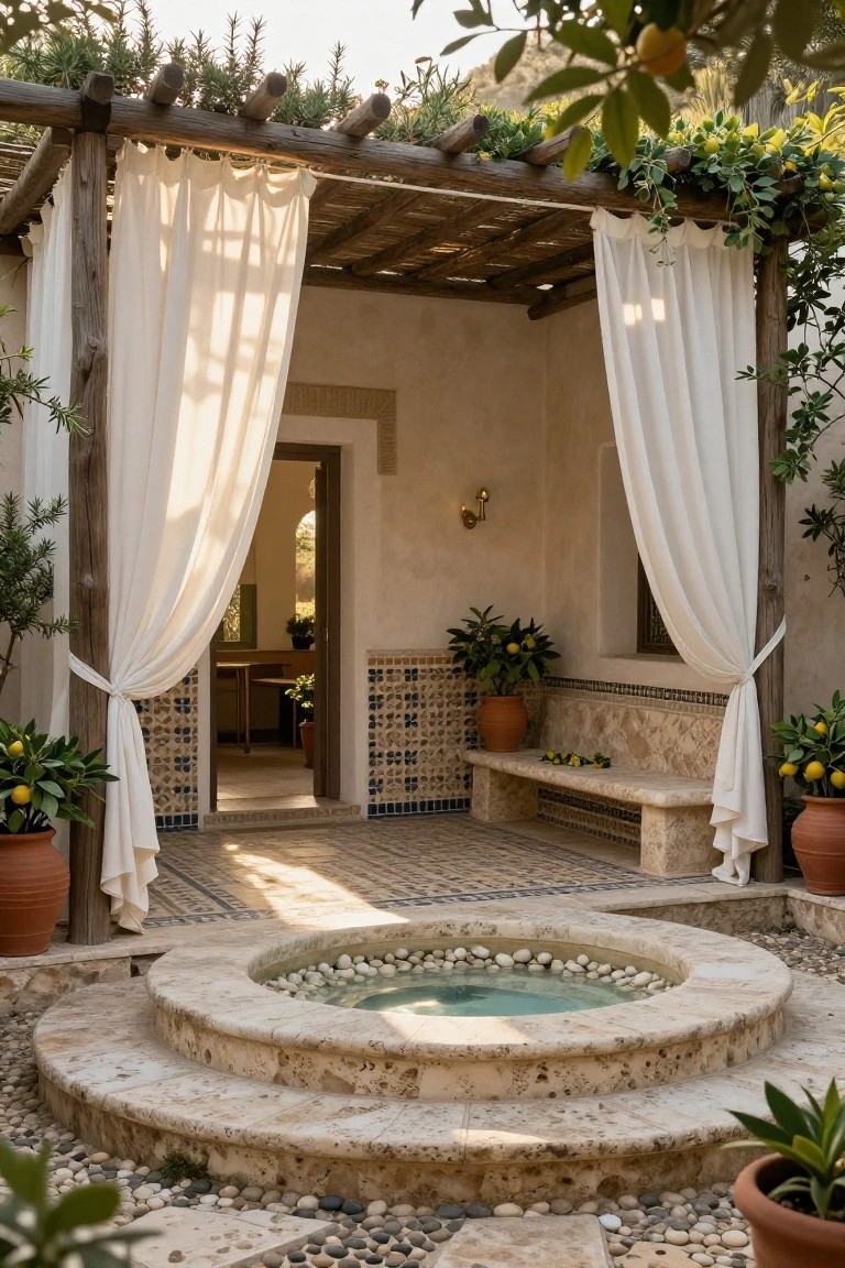 A sunlit courtyard patio featuring a circular stone fountain with pebbles, a wooden pergola with white curtains, a tiled stone bench, and several potted citrus plants.