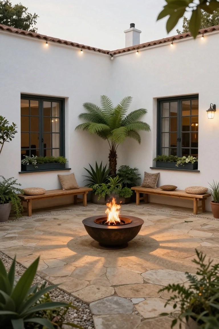 A stone-paved courtyard with a round metal fire pit in the center, wooden benches along white walls, a palm tree, and potted plants.