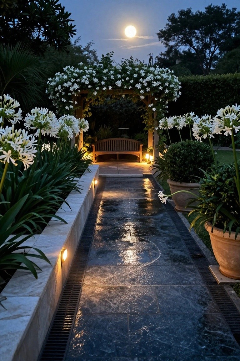 A stone garden path lined with white flowering plants leads to a wooden pergola with a bench at the end under a full moon.