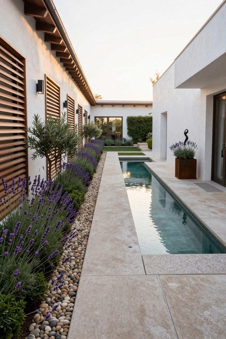 A narrow rectangular pool runs alongside a gravel bed filled with lavender, bordered by light stone paving and white stucco walls with wooden shutters.