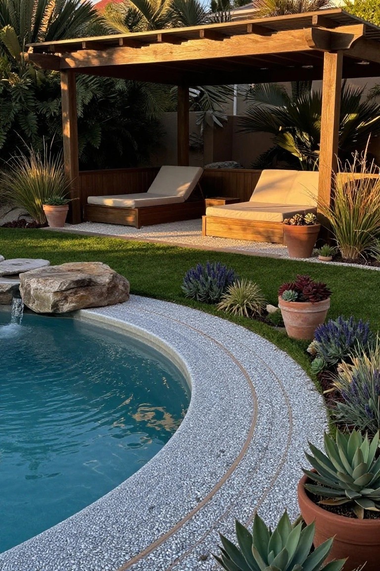 A curved swimming pool with a wide pebble border, lawn on one side, and potted succulents and lounge chairs under a wooden pergola.
