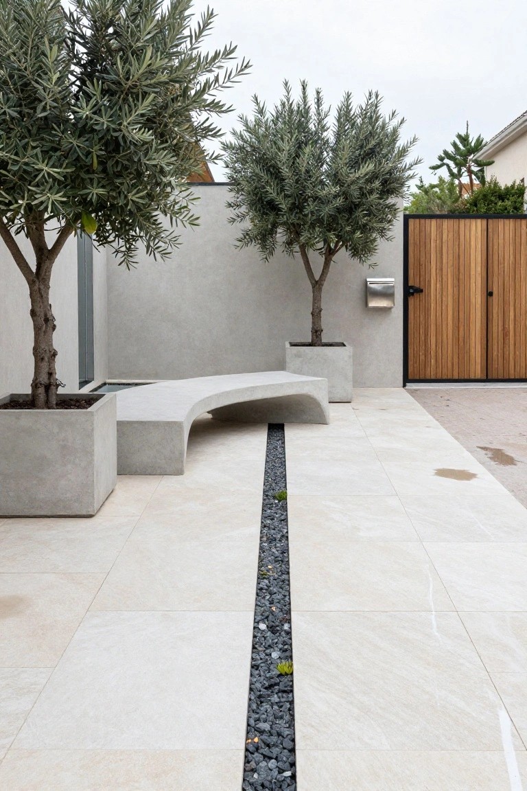 A modern paved courtyard with large light tiles, a narrow central gravel strip, concrete planters holding olive trees, a curved bench, and a wooden gate on the right.