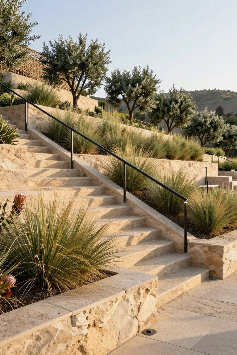Stone staircase with black railings amid tall grasses and olive trees on hillside.