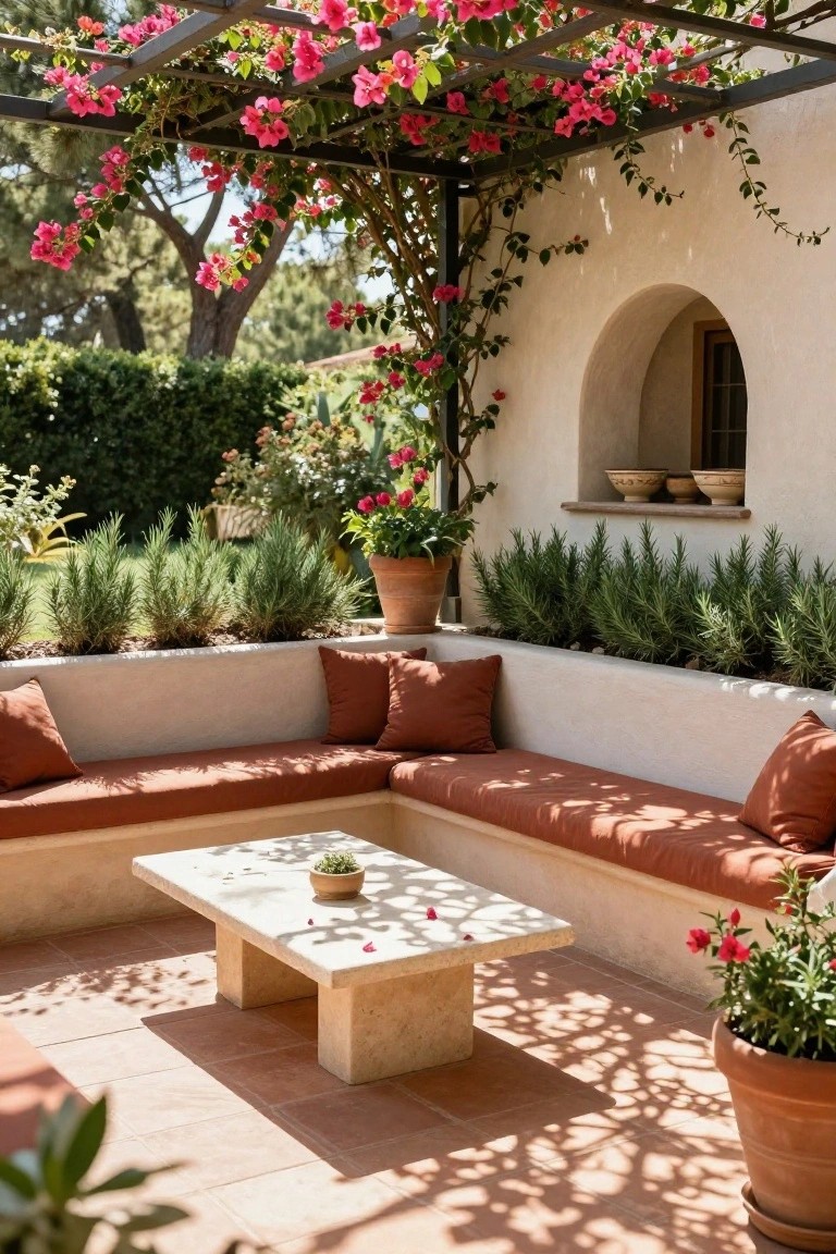 An outdoor patio features an L-shaped built-in bench with terracotta cushions, a stone coffee table, and a dark pergola covered in cascading pink bougainvillea next to a stucco wall.