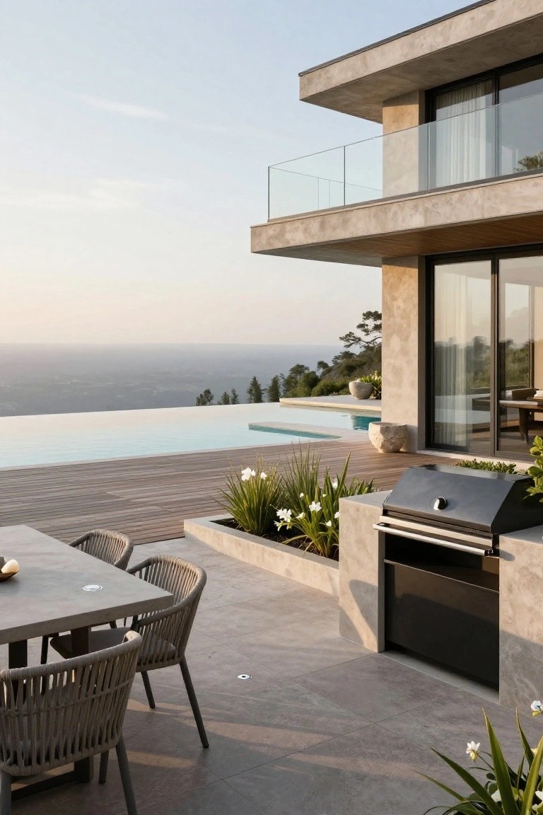 Modern villa terrace featuring a built-in stainless steel grill on a concrete base, outdoor dining table with woven chairs, wooden decking, and an infinity pool with ocean views.
