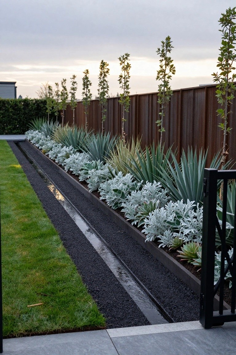 A long raised garden bed edged in metal holds layered succulents and grasses beside a dark fence, with gravel mulch and a strip of lawn on the left.