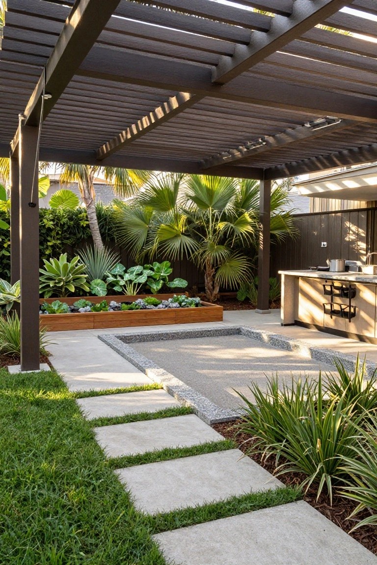 A modern outdoor patio with a dark pergola overhead, a raised wooden planter bed along the left side, concrete stepping stones through grass, and an outdoor kitchen on the right.