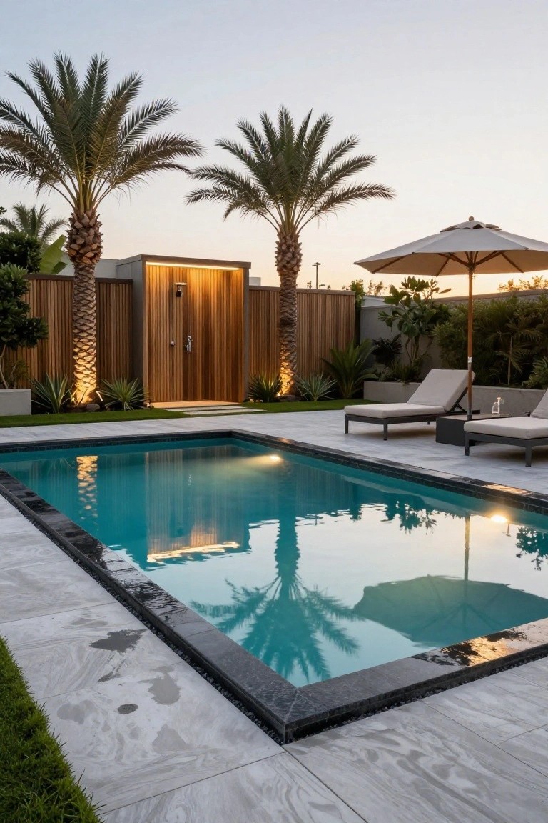 A rectangular swimming pool with turquoise water, bordered by two tall palm trees, an illuminated outdoor shower enclosure, lounge chairs, and a large umbrella on a light stone patio.