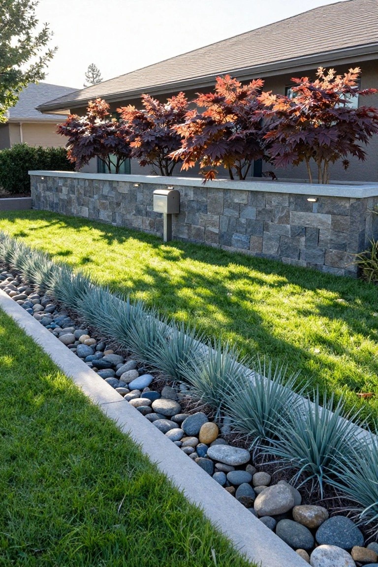 A front yard shows a narrow bed of river rocks and blue fescue grasses running between a lawn and a stone retaining wall with trees behind it.