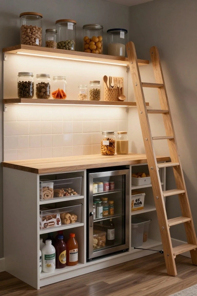 A kitchen pantry wall with two levels of illuminated wooden shelves holding glass jars, a wooden rolling ladder on the right, and a counter below with a stainless beverage cooler and open storage bins.