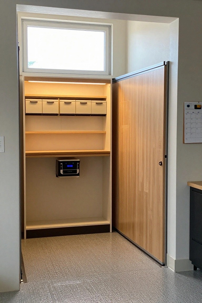 Open light-wood closet with shelves, drawers, illuminated interior, and digital safe.