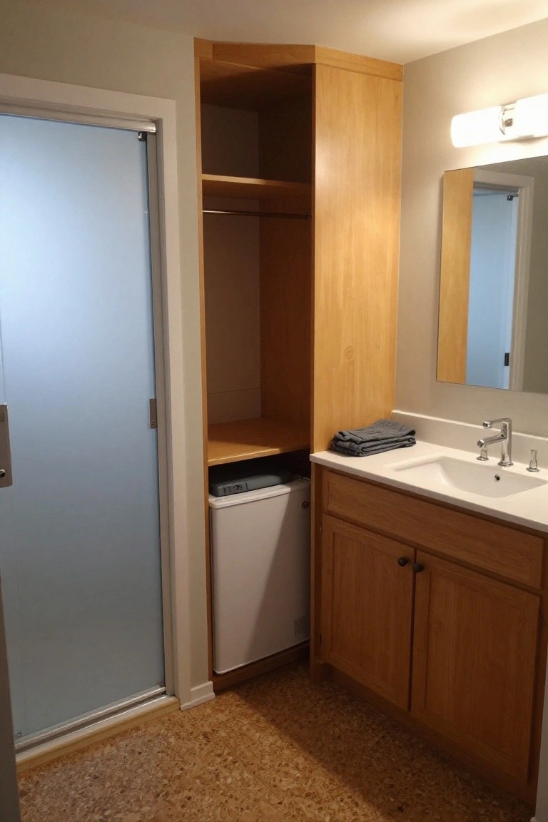 A bathroom interior showing a wooden vanity with sink on the right and an open closet with shelves and a small white appliance below on the left, next to a frosted glass door.