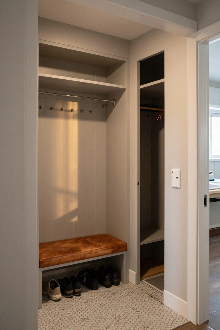 An interior view of a built-in entry closet with a cushioned bench, wall hooks, open shelving, and shoes stored underneath on a tiled floor.