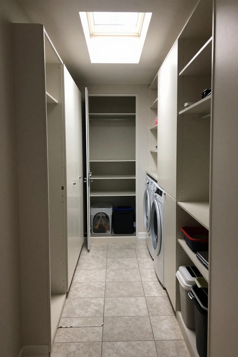 Narrow laundry room with white shelves, washer, dryer, bins, and skylight.