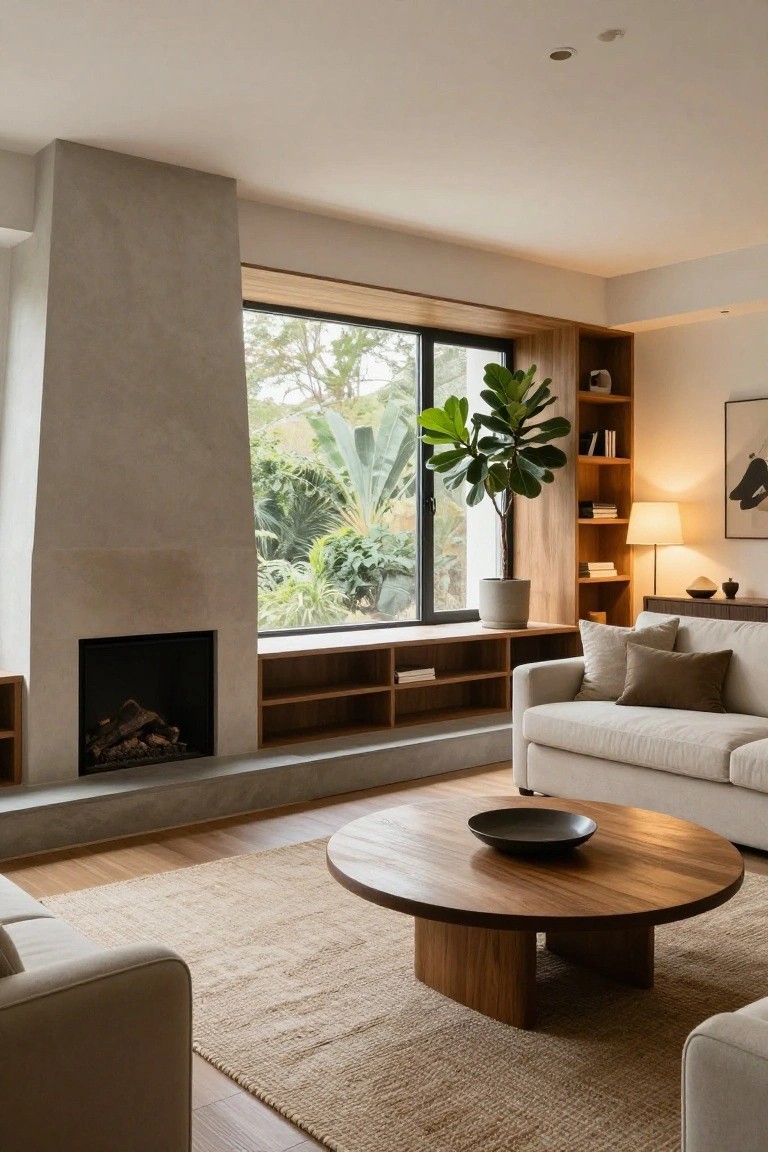 Modern living room with concrete fireplace, large window, white sofa, and round wooden table