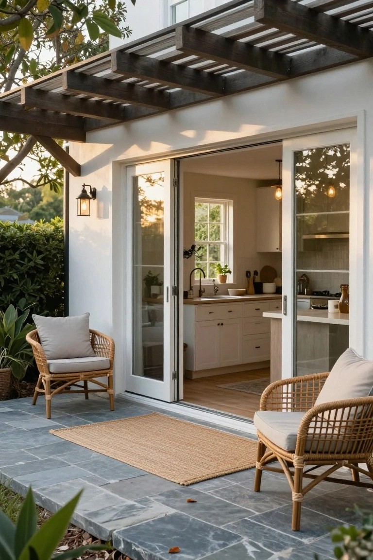 A stone patio with two cushioned wicker chairs sits outside open sliding glass doors that lead into a light-colored kitchen.