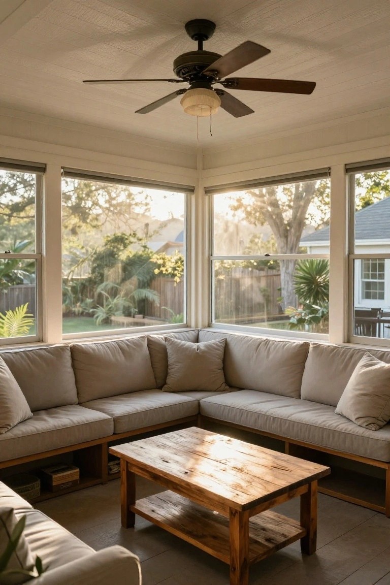 An L-shaped sectional sofa with beige cushions sits in the corner of a room with large windows on two walls, a wooden coffee table in front, and a ceiling fan overhead.