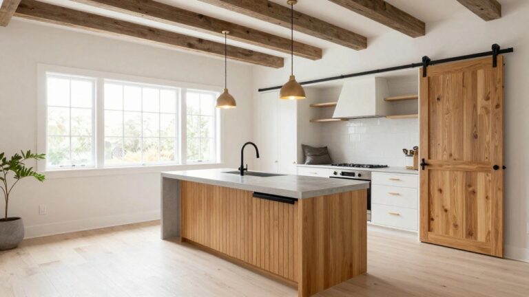 A kitchen with a large wooden island featuring a sink and built-in black dishwasher, two brass pendant lights overhead, and a sliding barn door on the left.
