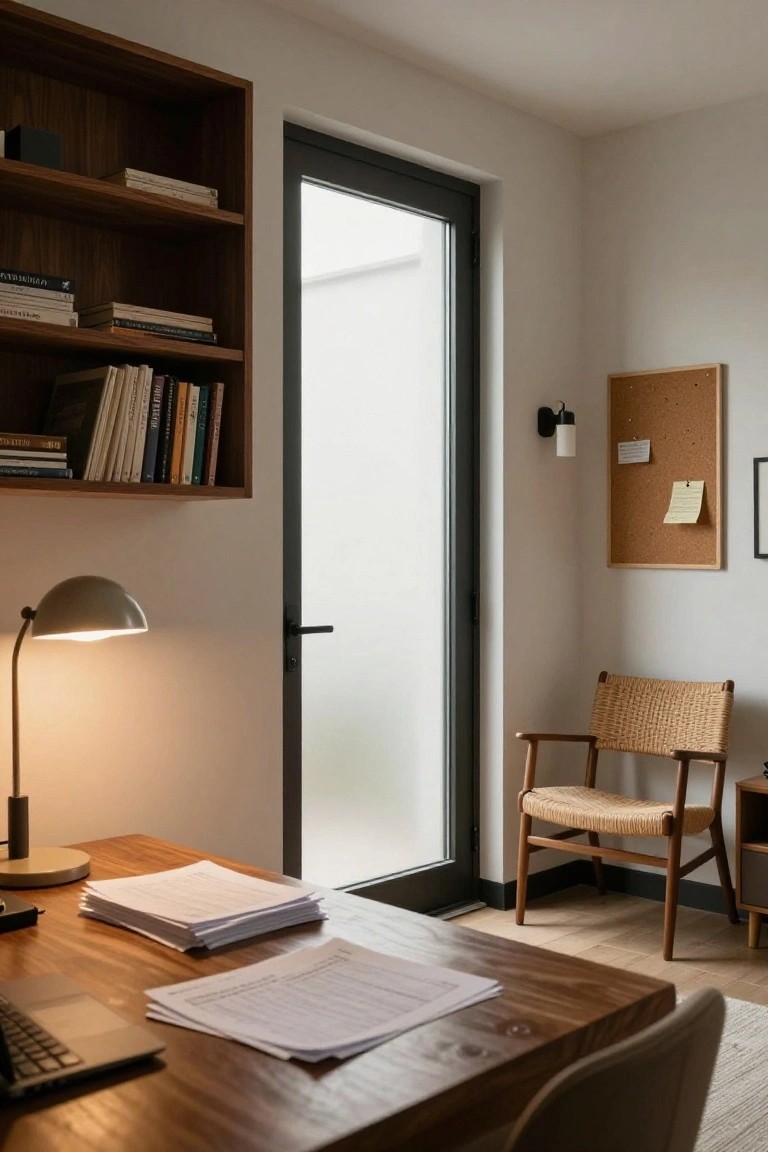 A home office interior with a wooden desk holding papers and a lamp, built-in bookshelves to the left of a frosted glass door, a woven chair, and a corkboard on the wall.