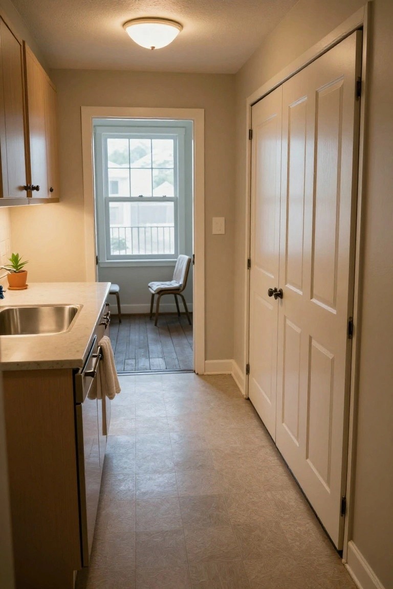 Narrow hallway with kitchen sink, light wood cabinets, white doors, and open room view.