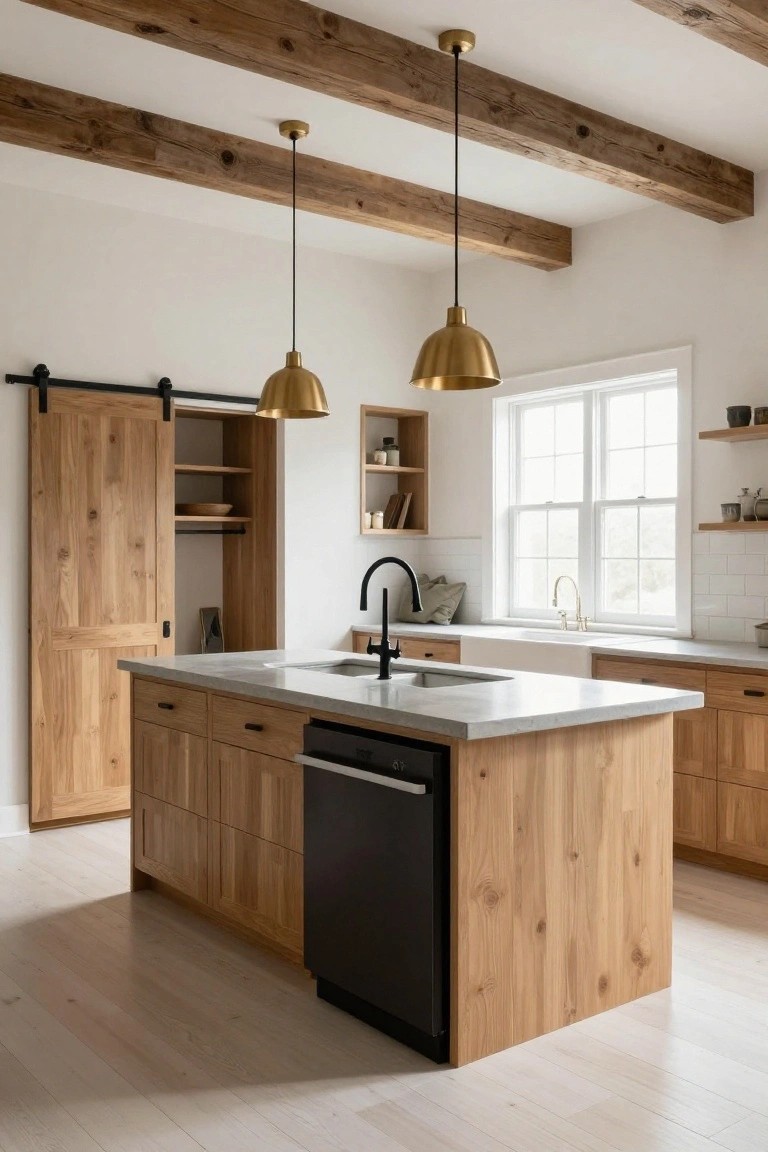 A kitchen with a large wooden island featuring a sink and built-in black dishwasher, two brass pendant lights overhead, and a sliding barn door on the left.
