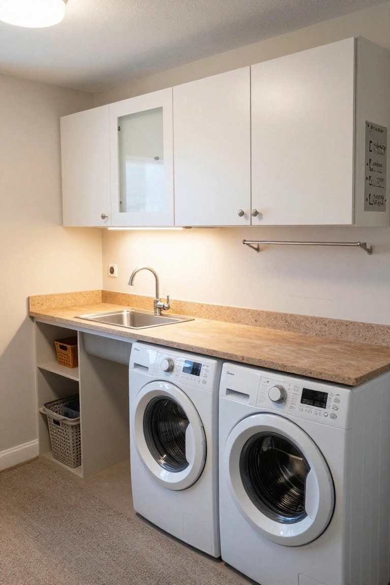 A laundry room featuring two white front-loading washers and dryers beneath a speckled countertop with an integrated stainless steel sink and white upper cabinets.