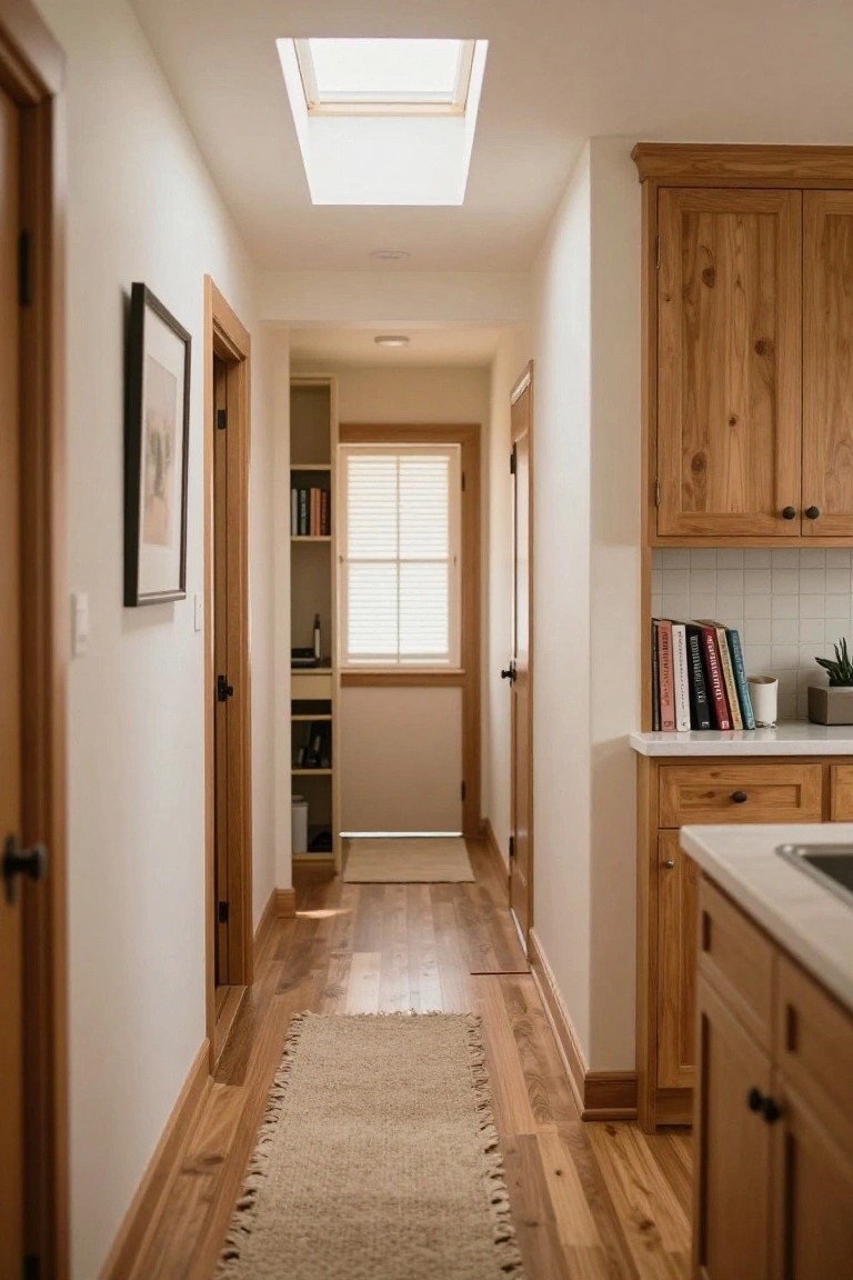 A narrow interior hallway with light wood floors, white walls, a skylight overhead, and several open doorways along both sides.
