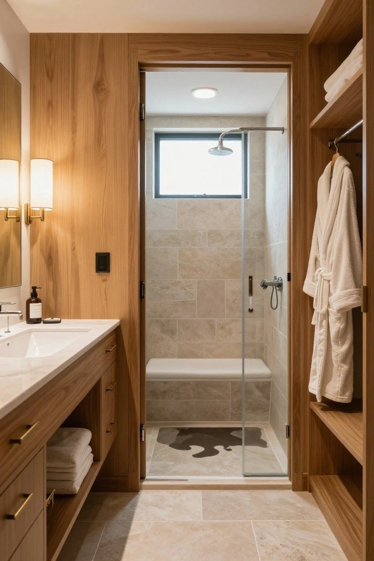 A modern bathroom with wood paneling, a white vanity, and a glass-enclosed shower with a bench, next to open wooden shelving holding a bathrobe and folded towels.