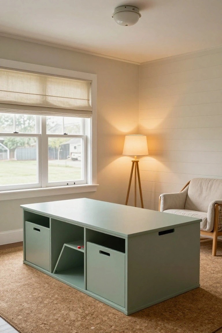 A mint green storage table with multiple bins and compartments sits in a room near a window, floor lamp, and chair.