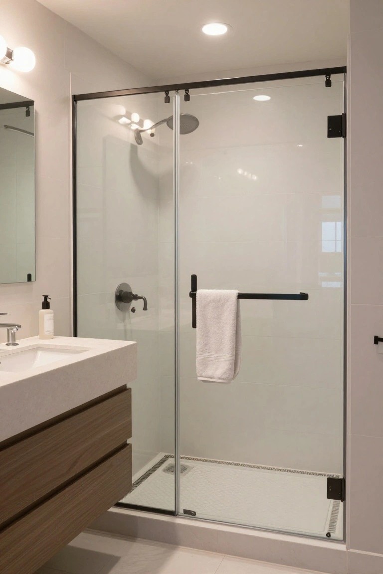 A bathroom with a glass walk-in shower enclosure featuring black framing, a white towel on an interior bar, and a floating wood vanity with sink positioned beside it.