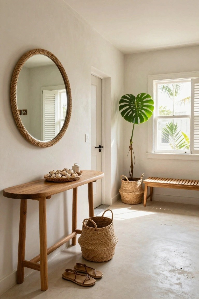 A light-filled interior shows a wooden console table under a round rope-framed mirror, with woven baskets on and under the table, a large potted plant, and sandals on the concrete floor.