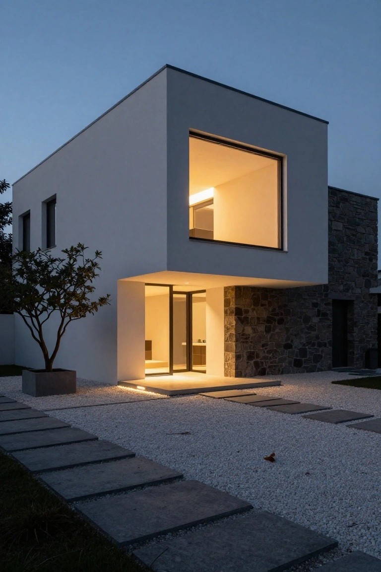 A modern white minimalist house with a large cantilevered upper volume over a lit entrance, a big illuminated window, and stone wall sections beside a gravel path with stepping stones.