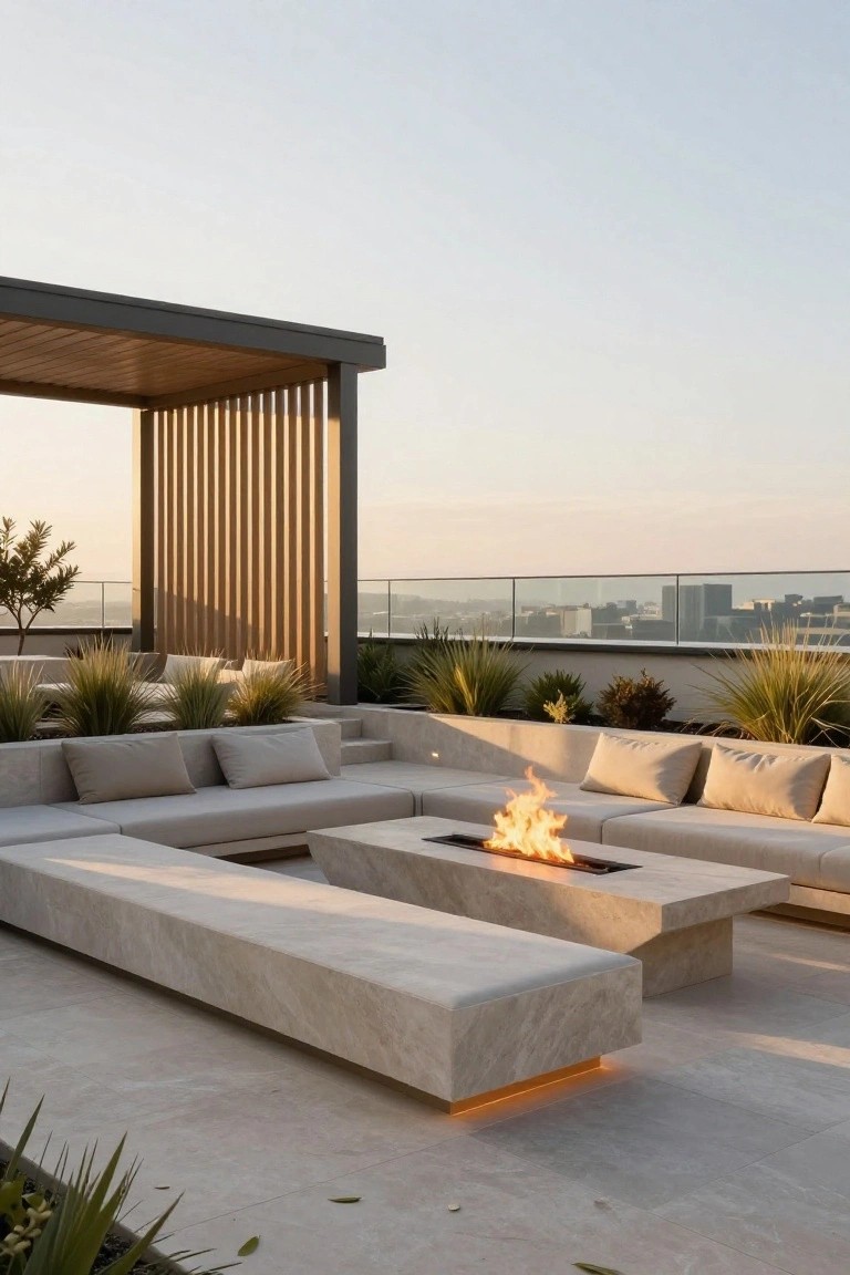 A modern rooftop terrace with an L-shaped built-in sofa surrounding a rectangular stone fire pit table with flames, set against a city skyline at dusk.
