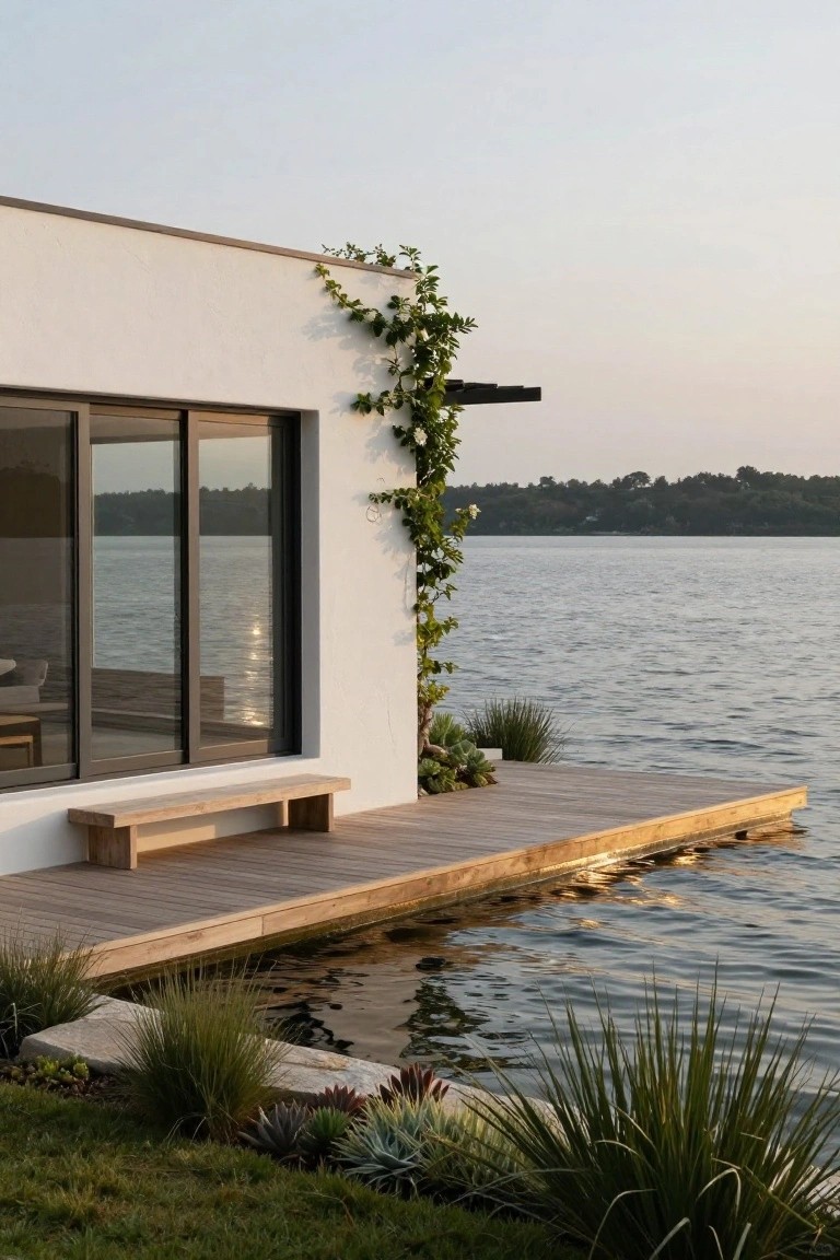 Modern white house with glass windows, vine wall, and wooden deck over calm lake.