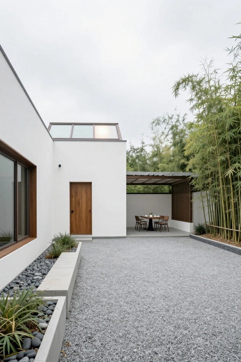 A minimalist white house exterior with a large gravel courtyard, a wooden door, and an outdoor dining area under a covered structure beside bamboo plants.