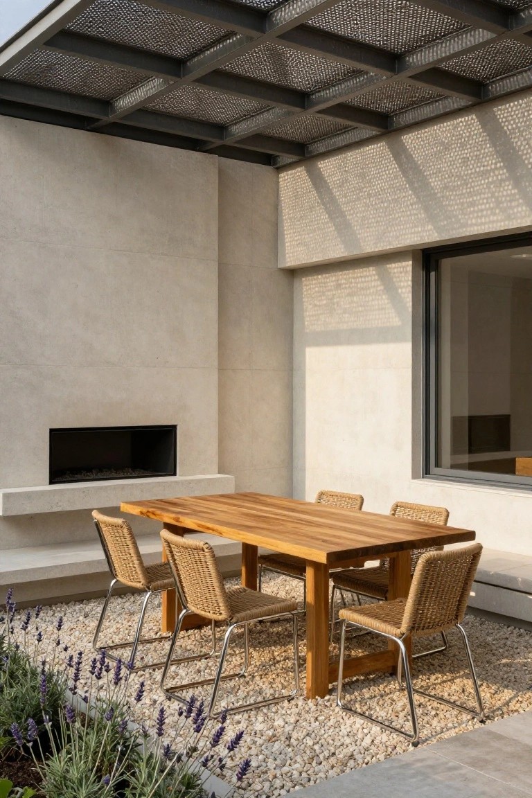 An outdoor dining area with a wooden table and woven chairs placed on light gravel, beside a built-in fireplace in a concrete wall under a metal mesh ceiling.