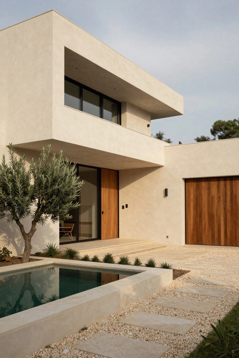 Modern minimalist villa exterior with light beige walls, wooden doors and garage, rectangular pool, and stone pathway leading to the entrance.