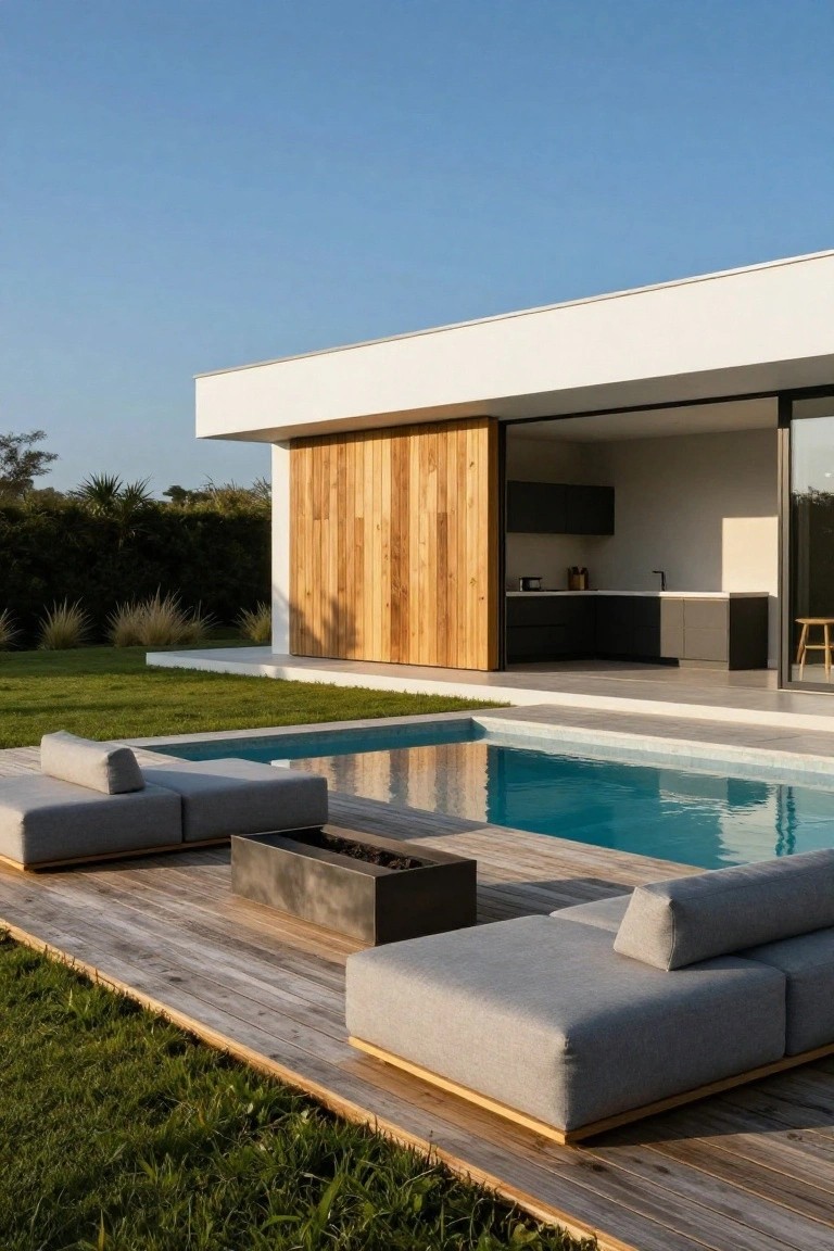 Modern villa exterior with a rectangular pool edged by a wide wooden deck holding modular gray lounge seating and a concrete fire pit, with sliding doors open to a kitchen inside.